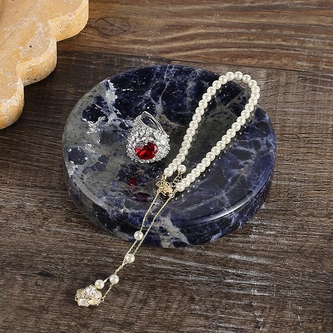 Koville Marble Jewelry Dish, Small Round Trinket Dish for Ring Necklace Earring, 4" Decorative Dish, Aesthetic Home Table Decor, Natural Stone Soap Dish for Bathroom Kitchen((Blue)