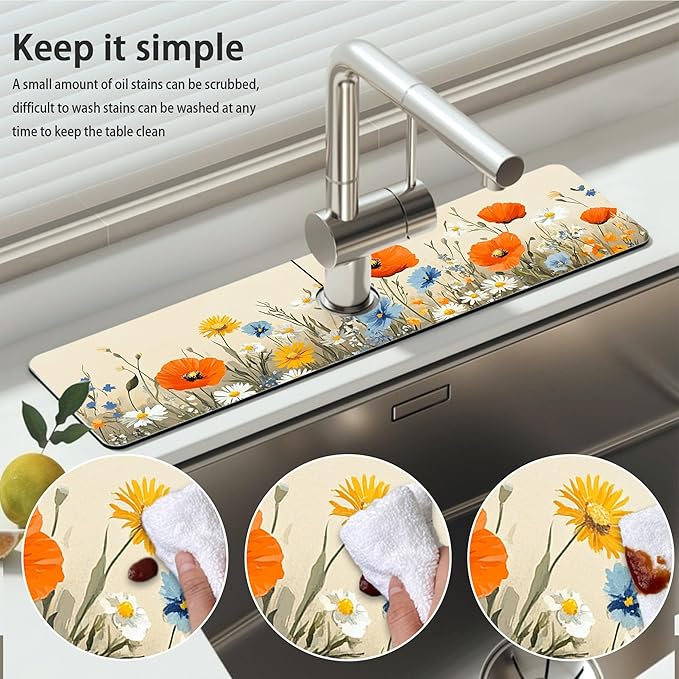 Bimkole 2 PCS Faucet Absorbent Mat, Kitchen Faucet Sink Splash Guard Wraparound Cloth Pads Drip Catcher for Sink Faucet for Kitchen Bathroom Faucet, Colorful Faucet Mat, 15 x 4 Inch Flower A5
