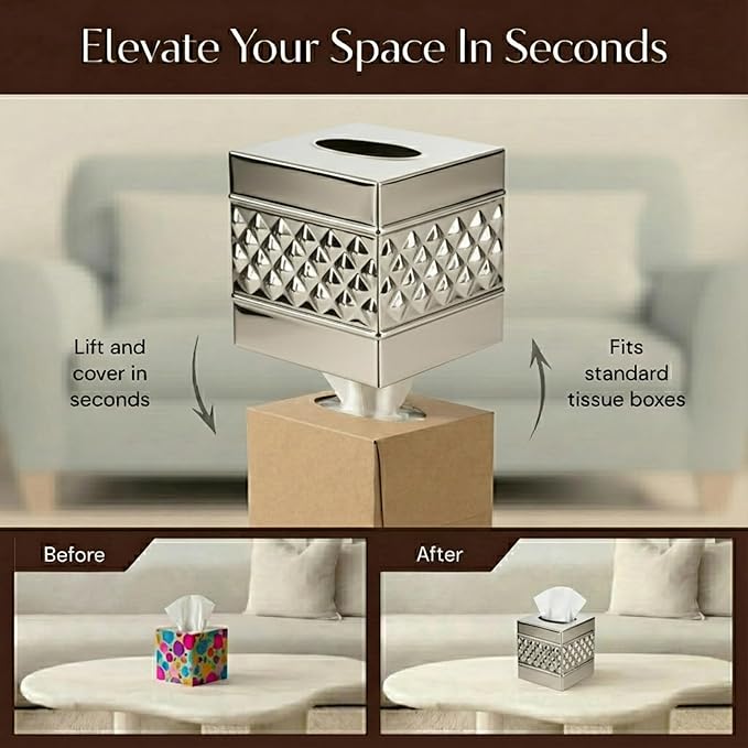 Monarch Abode Tissue Box Cover Square – Handcrafted Geo Embossed Nickel Chrome Finish Metal Tissue Holder Box for Bathroom Accessory, Aesthetic Decorative Facial Napkin Cube for Modern Home Decor