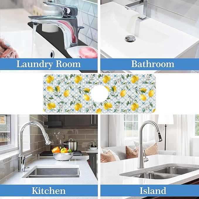 Faucet Mat for Kitchen Sink Sicilian Watercolor Lemon Blue Tile, Soft Diatom Mud Material, Strong Water Absorption, Non-slip, Easy to Clean for Bathroom, Kitchen 15"X5.5"