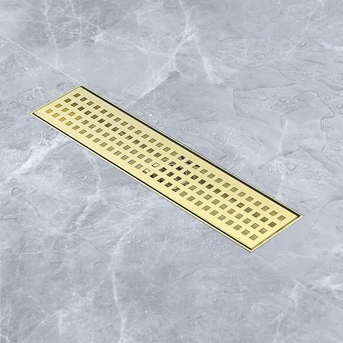 12 Inch Linear Shower Drain Bathroom Kitchen Golden Floor Drain Removable Capsule Pattern Cover Accessories Shower Drain 304 Stainless Steel Drain with Hair Strainer Adjustable Leveling Feet