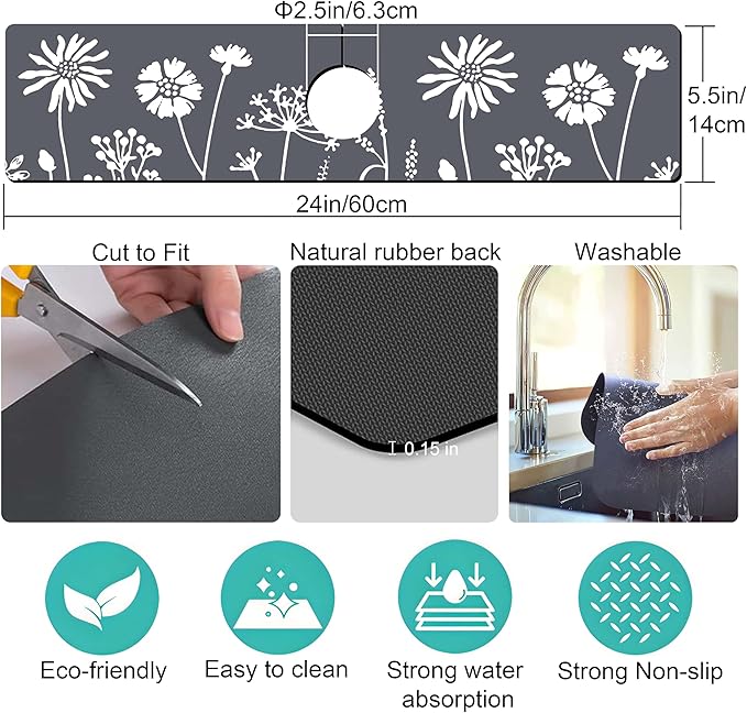 Kitchen Sink Splash Guard Faucet Mat -1 PC Super Absorbent Fast Drying Mat Sink Gadgets-Splash Guard Behind Faucet Drip Catcher for Kitchen, Bathroom,Sink Mat, Dish Drying Mat, Bathroom(23.5" X 5.5" )