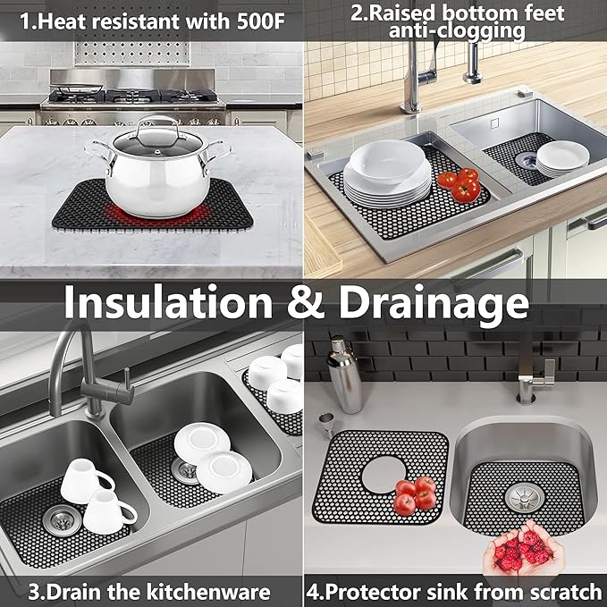 Sink Protectors for Kitchen Sink,2 PCS Silicone Kitchen Mat 13.58"x11.6",Non-Slip Bottom Guard Compatible with Farmhouse/Stainless Steel/Porcelain(Black, Ceter Drain)