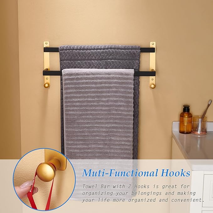 24 Inch Double Towel Bar with Hooks Black & Gold, Wall Mounted Towel Holder for Kitchen Bathroom, Stainless Steel Towel Rack