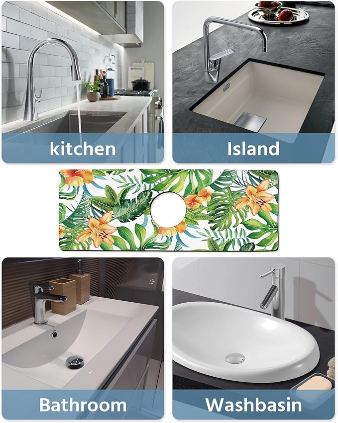 Patterned Sink Faucet Mat Kitchen Splash Guard Super Absorbent Drying Mat, Non-Slip Drain Pad for Kitchen Counter or Bathroom-24x5.5in