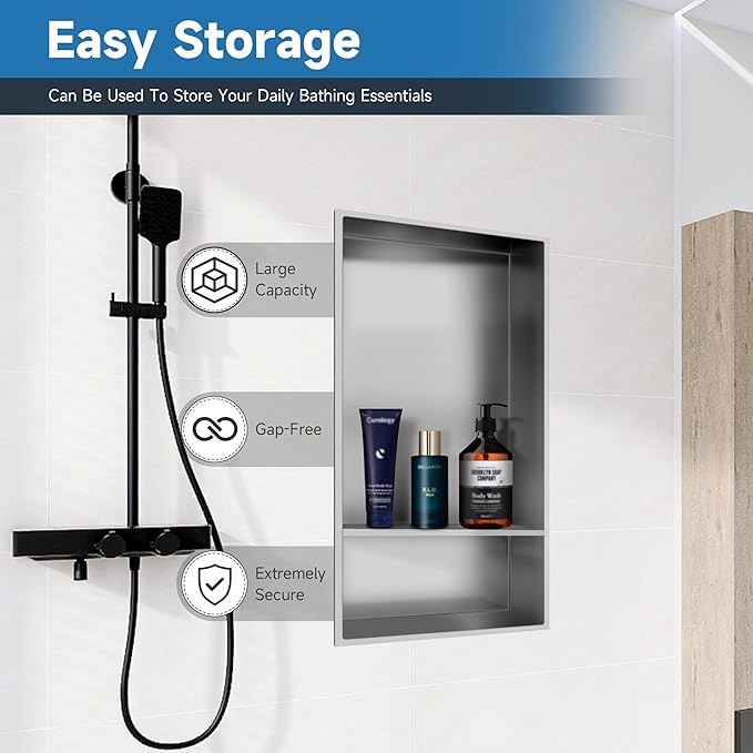Shower Niche Insert Tile Ready, Bath Niche 13 × 25 Double Shelves, Recessed Niche Shower for Bathroom Storage, Brushed Nickel