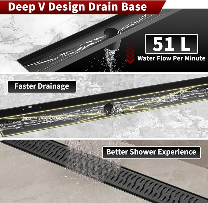 Sharp-tec Shower Drain, 32 inch Linear Shower Drain, Matte Black 304 Stainless Steel Rectangular Shower Floor Drain with Adjustable Leveling Feet, Hair Strainer, cUPC Certified, ST-103-32B