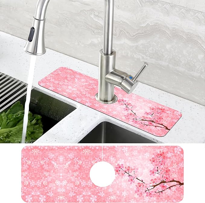 Spring Cherry Blossom Kitchen Sink Splash Guard Absorbent Fast Drying Mat Faucet Draining Guard Behind Faucet Drip Catcher for Kitchen Bathroom 5.5"15"