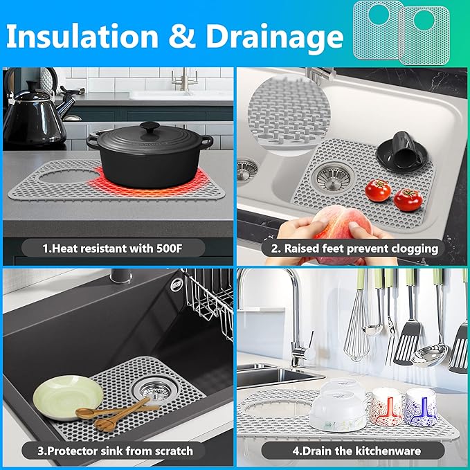 Sink Protectors for Kitchen Sink,2 PCS Silicone Kitchen Mat 13.58"x11.6",Non-Slip Bottom Guard Compatible with Farmhouse/Stainless Steel/Porcelain(Grey, Rear Drain)