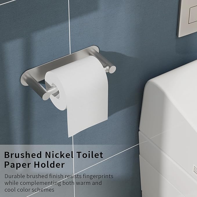 Adhesive Toilet Paper Holder, Self Adhesive Double Post Pivoting Toilet Tissue Holder, Stick on No Drilling Toilet Paper roll holder for Bathroom, Stainless Steel and Zinc Alloy, Brushed Nickel, 2Pack