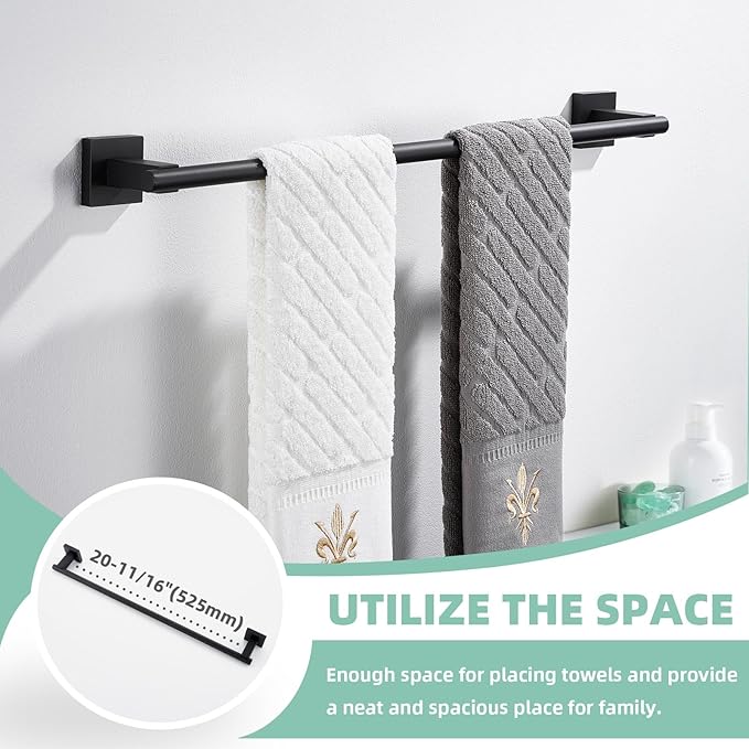 Suyar Bathroom Accessories Set, SUS 304 Stainless Steel Bathroom Hardware Set 4 PCS, Include Robe Hook, Toilet Paper Holder, Hand Towel Holder, Towel Bar, Matte Black