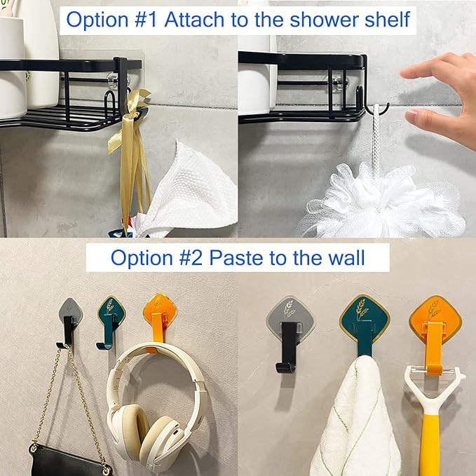 Black Shower Caddy, Sticky Key Hooks, Adhesive Hooks for Kids, Spoon Hanger Decorative, Self Adhesive Coat Hooks Utility Hooks 6 Pack