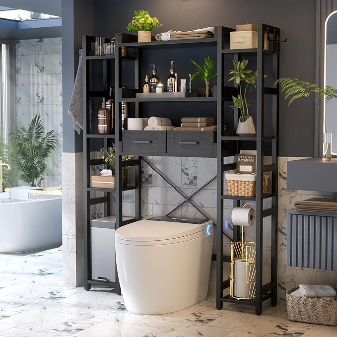 Over The Toilet Storage with 2 Drawers - 11 Tier Bathroom Organizer Freestanding Space Saver Storage Rack with Adjustable Shelf Above Toilet Stand with 4 Hooks for Restroom, Laundry, Black
