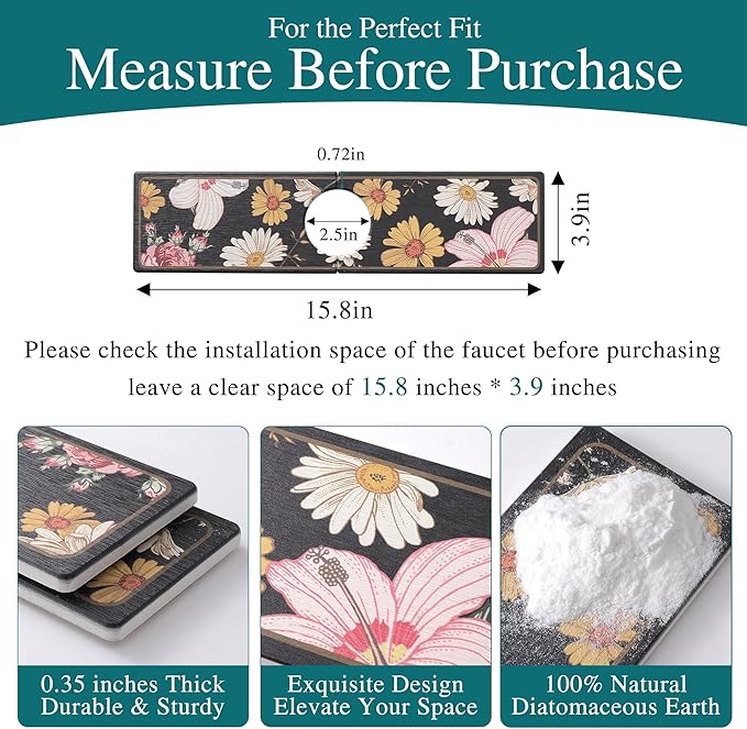 Stone Faucet Mat for Kitchen Sink, Diatomite Stone Sink Tray, 15.8" Super Absorbent Mat for Bathroom Counter, Prevents Moisture Buildup, Stone Drying Mat, Fast Drying Faucet Splash Guard