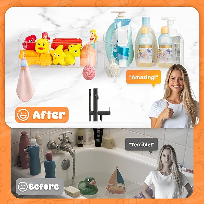 Bath Toy Storage Adhesive Shower Caddy for Baby Bath Toys Bathtub Toy Storage Holder Organizer Large Capacity Acrylic Shower Shelves for Bathroom Babies Bathing Accessories Shelf, 2 Pack