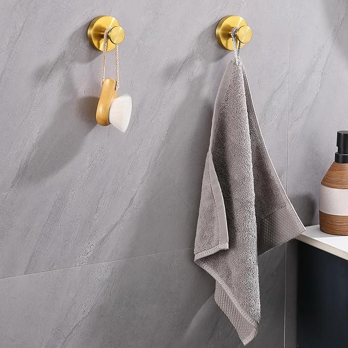 Suction Cup Hooks for Shower 2 Pack Stainless Steel No Drill Removable Waterproof Rustproof for Bathroom Kitchen Glass Mirror Tile to Hang Towels Robes Loofah Wreath (Brushed Gold)