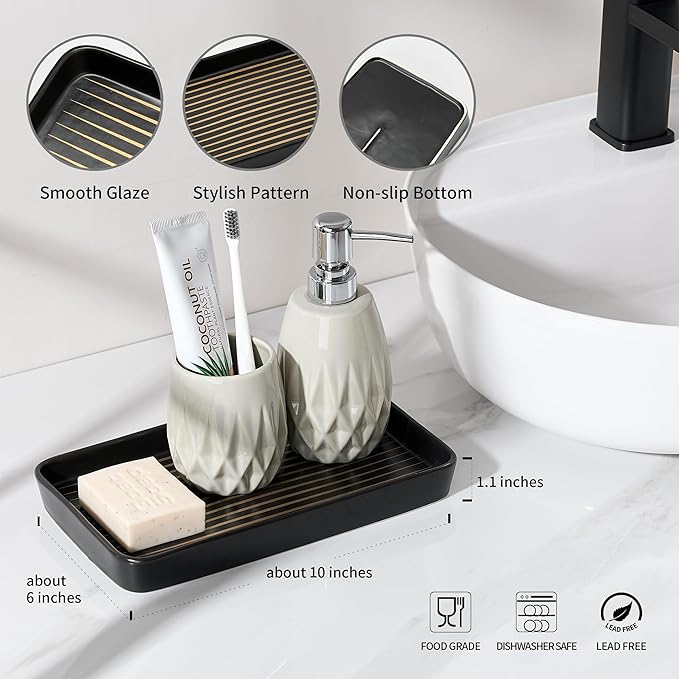 Bathroom Vanity Tray for Countertop,2PC Rectangle Striped Tray,Decorative Bathroom Organizer for Scrubber, Lotion Bottles, Perfume, Jewelry, Candle, Key Trinket Ring(Large,Black)
