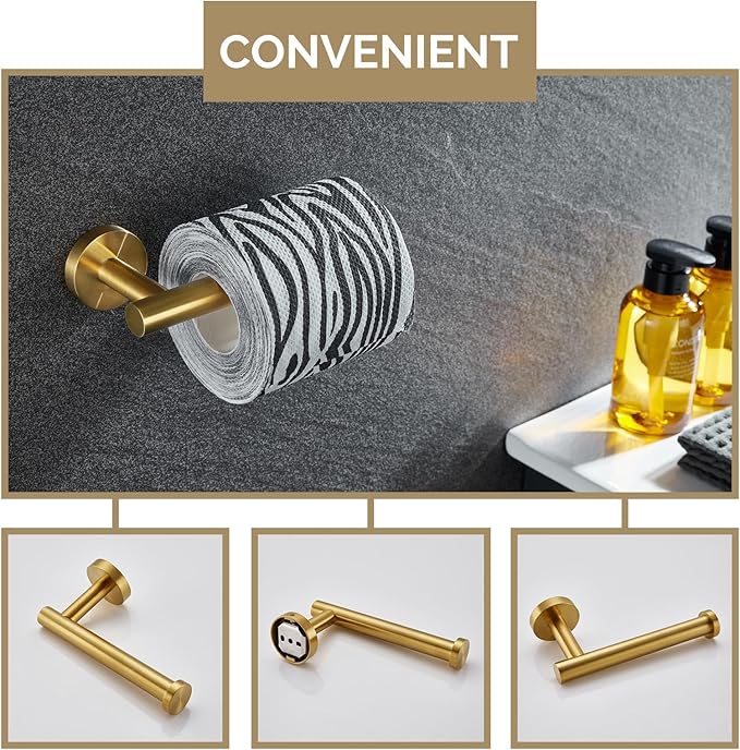 Bathroom Hardware Set 4-Piece Brushed Gold, Angle Simple SUS304 Stainless Steel Bathroom Fixtures Accessory Kit with Towel Hook X 2, Toilet Paper Holder and Rotary Towel Ring, Wall Mount