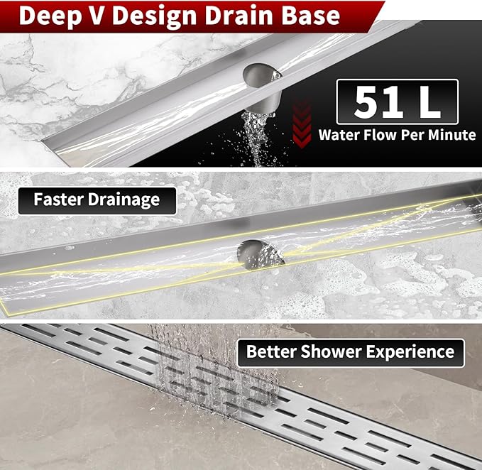 Sharp-tec Linear Shower Drain, 28 inch Shower Drain with Removable Pattern Cover, Brushed Nickel 304 Stainless Steel Rectangle Floor Drain, Adjustable Feet and Hair Strainer Included (Model 101)