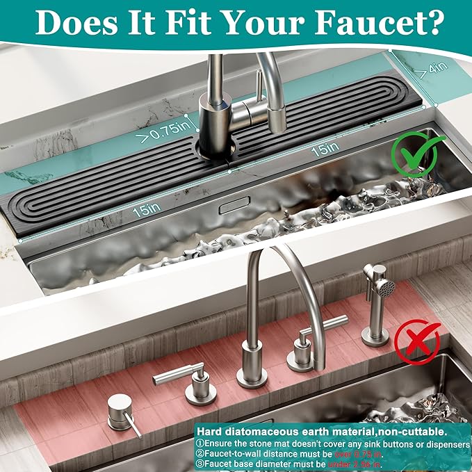 Stone Faucet Mat for Kitchen Sink - Quick Dry Diatomite Sink Splash Guard, Prevents Moisture Buildup & Water Stains, Water Absorbing Stone Tray for Bathroom Countertop (Dark Gray, 30" x 4")
