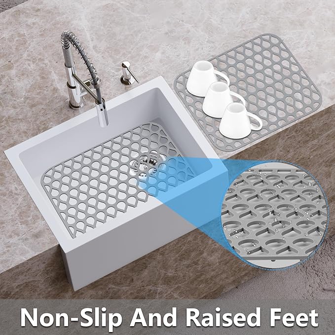 Sink Protectors for Kitchen Sink,2 PCS Silicone Kitchen Mat 13.58"x11.6",Non-Slip Bottom Guard Compatible with Farmhouse/Stainless Steel/Porcelain(Grey)