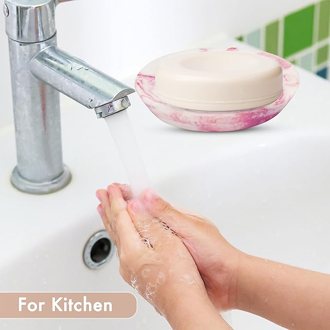 Ajuny Marble Resin Soap Dish Self Draining Oval Bar Soap Holder White & Pink Countertop Tray Soap Saver for Bathroom Shower Kitchen Sink & Bathtub Easy to Clean