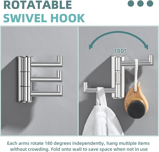 APLusee Polished Chrome Swivel Towel Hook for Bathroom, Heavy Duty 304 Stainless Steel Bathroom Wall Hook with Multi 3 Arms, Wall Mounted Towel Hanger for Kitchen Garage