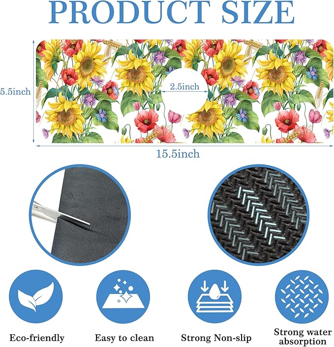 Faucet Mat for Kitchen Sink Sunflower Cornflower Poppy Barley, Soft Diatom Mud Material, Strong Water Absorption, Non-slip, Easy to Clean for Bathroom, Kitchen 15"X5.5"