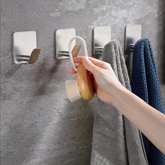 Adhesive Shower Hooks Heavy Duty Metal, Brushed Nickel Towel Hooks Stick On Wall Hanger for Hanging Coat, Hat, Robe Hook for Bathroom Kitchen Decorations, 304 Stainless Steel (4 Packs)