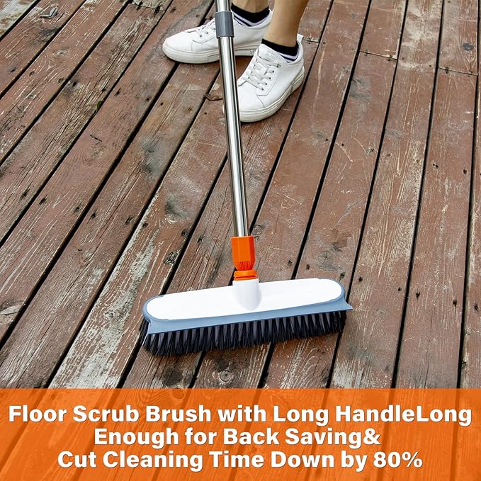 Scrub Brush for Floor Cleaning,12" Wide Brush Head with Rubber Squeegee & Stiff Bristles,Heavy Duty Tile Brush with Long Handle for Bathroom,Walk in Shower, Carpet, Wall,Boat Deck