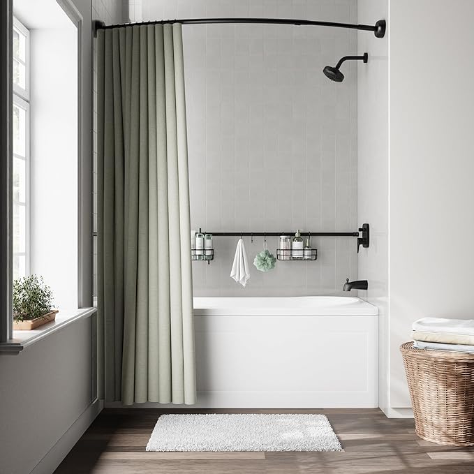 Zenna Home Bathroom Organizer Shower Caddy, Adjustable Horizontal Tension Pole Between Wall Shower Storage System with 2 Baskets and 3 Hooks, 26 to 76 Inch, Matte Black