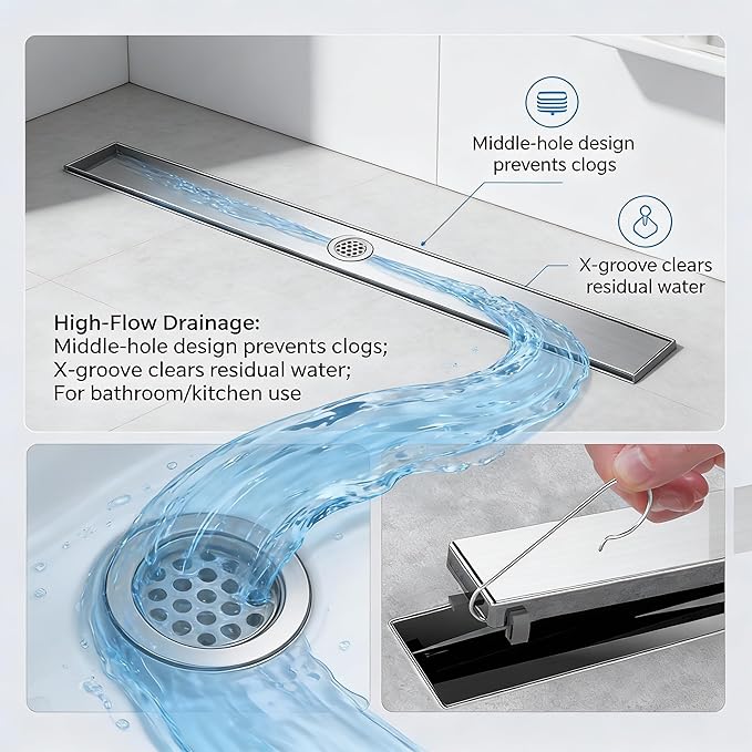 VANCOCO 24 Inch Linear Shower Drain, Brushed 304 Stainless Steel with 2-in-1 Tile Insert Grate, Adjustable Feet & Hair Strainer for Bathroom Remodel