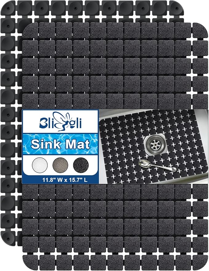 Bigli Sink Mat Protectors for Stainless Steel/Ceramic Sinks, 2 Pack 15.7x11.8 inches, PVC, Fast Draining (Black)