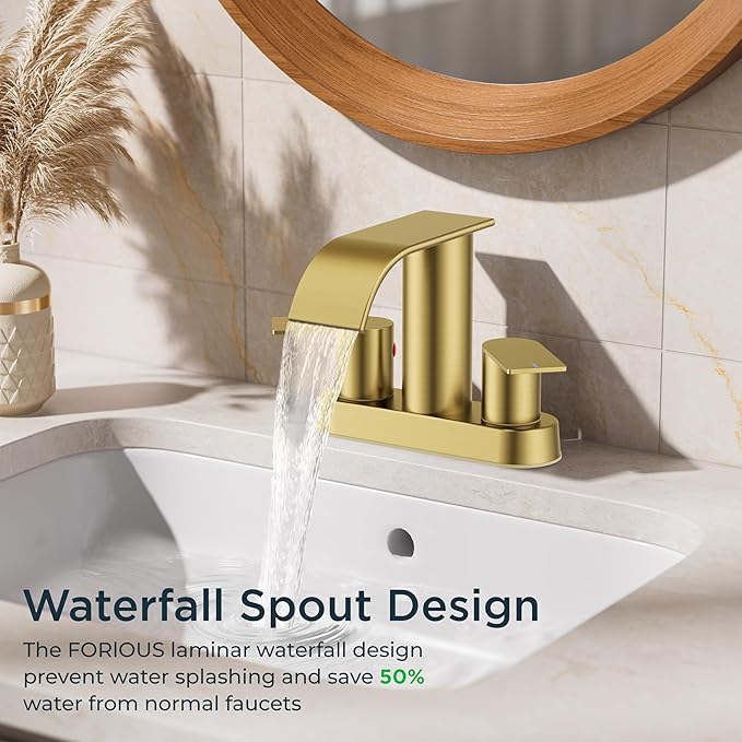 FORIOUS Brushed Gold Bathroom Sink Faucet, Waterfall 4 Inch Centerset Bathroom Faucets with Metal Pop up Drain and cUPC Hose for Basin, Vanity, RV, Lavatory 2 or 3 Hole Sink
