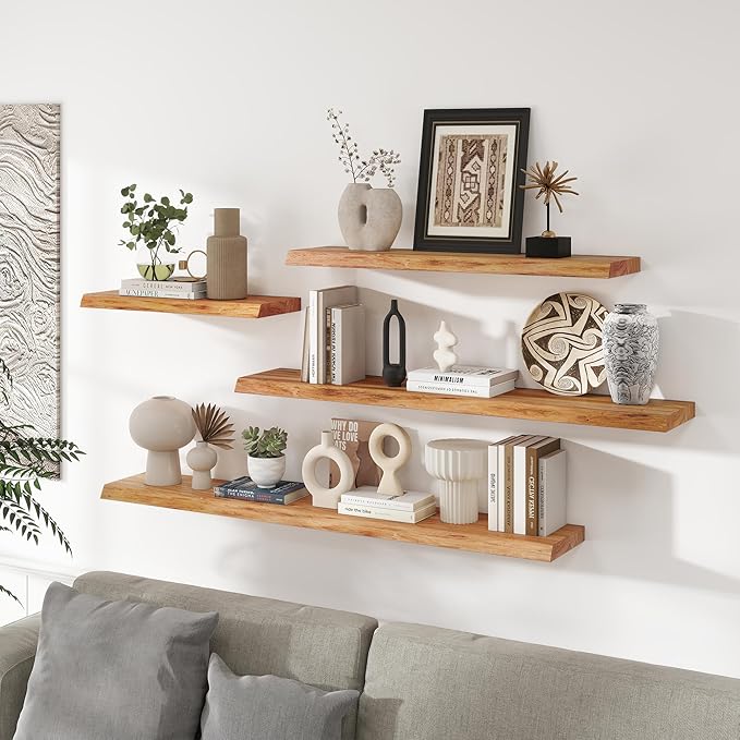 RICHFOCUS Live Edge Elm Floating Shelves - 24" W x 9.3" D Rustic Solid Wood Wall Shelves with Invisible Bracket, Wall-Mounted for Living Room, Bedroom, Kitchen Storage & Display, Set of 2, Natural