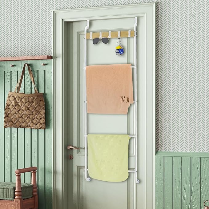 Over The Door Towel Rack, Back of Door Towel Rack, White Over The Door Hanger, Bathroom Behind Door Towel Holder with Hooks, Towel Bar Door Rack Hanger for Bedroom