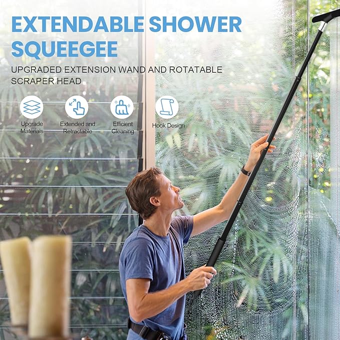 Squeegee Shower Doors, Shower Squeegee for Glass Doors, Window Squeegee, Squeegee Window Cleaning, Window Cleaner Tool with 47'' Extension Pole for Car Windshield, Glass Doors (Black)