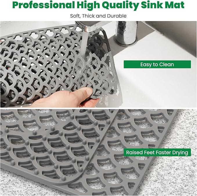 TOOVEM Sink Protectors for Kitchen Sink, 28"x 15" Silicone Kitchen Protector Accessory, Non-Slip Heat Resistant Mat for Bottom of Farmhouse Porcelain Stainless Steel with Right and Left Drain, Grey