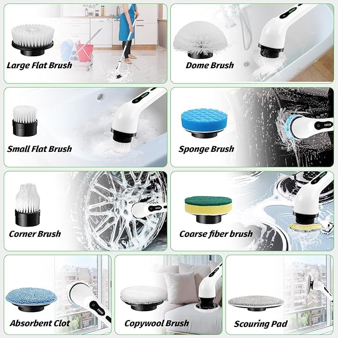 Electric Spin Scrubber, Cordless Electric Cleaning Brush with Extension Handle, 9 Replaceable Brush Heads, 1.5H Working Time, 2 Speed, Power Scrubbing Brush for Floor, Tile, Kitchen, Car Wash White