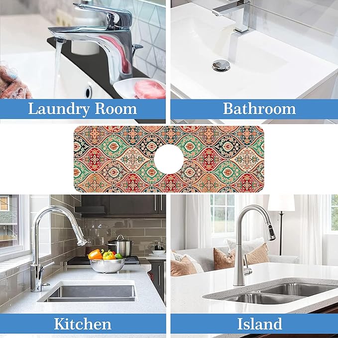 Faucet Mat Splash Guard Boho Rug, Soft Diatom Mud Material, Strong Water Absorption, Non-slip,Easy to Clean for Bathroom, Kitchen 15"X5.5"