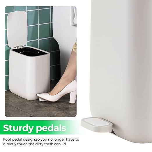 1.85 Gallons 7 Liters Slim Small Kitchen Trash Can with Lid Soft Close Dust Bin Step Pedal Garbage Waste Home Bathroom Office ABS Smooth Washable Cubo de Basura Cocina Ivory