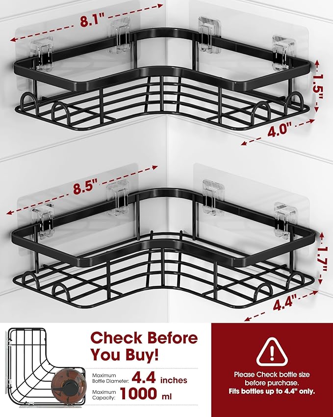 Corner Shower Caddy - 2 Pack, Adhesive Shower Organizers, Rustproof Stainless Steel Shower Shelves with 8 Hooks, No Drilling Bathroom Organizers and Storage Racks, Space-Saving, Black,Medium | Rustproof, Shower Shelves, 8 Hooks, Bathroom Organizers, St...