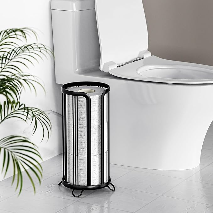 Toilet Paper Holder Stand, Freestanding Toilet Tissue Organizer, Minimalistic Storage Solution, Reserve Mega Rolls- Black