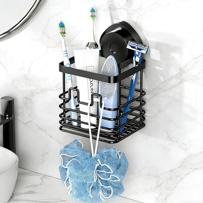 ZUNTO Suction Cup Toothbrush Holder for Bathroom Essentials - Wall-Mounted Suction Shower Caddy, Waterproof & Rustproof, Stylish Matte Black Design for Toothbrushes, Toothpaste, and Facial Cleansers