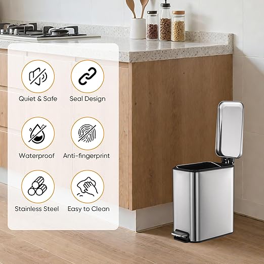 1.3 Gallons 5 Liter Stainless Steel Trash Can Dust Bin Waste Bin Kitchen Bathroom Garbage Can Pedal with Lid Silver