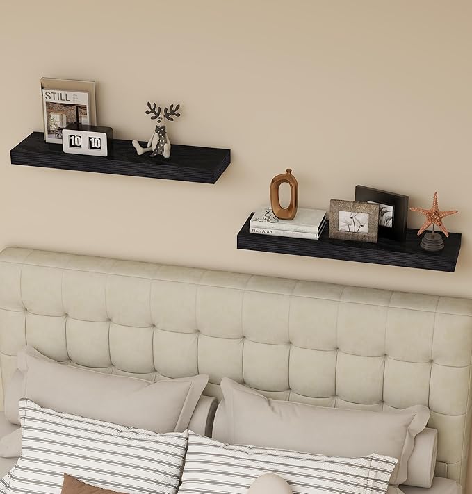 Vervida® Floating Shelves for Wall 2 Set of 24 W x 5.8" D for Kitchen, Living Room,Bathroom,Office,Bedroom Storage Shelves for Home Decor with Invisible Brackets Black Shelves for Wall Storage