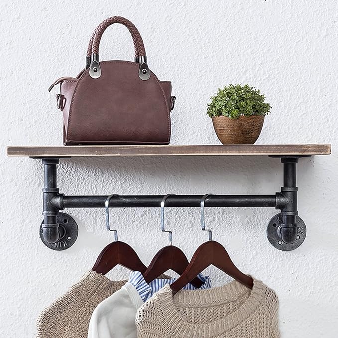 MBQQ 1 Tier Shelving Bathroom Pipe Shelves with Towel Bar Over Toilet, 24 inch Pine Wood Floating Shelves for Wall Mounted Bedroom,Kitchen, Farmhouse, Living Room