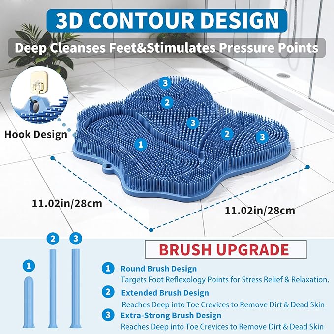 Show Foot Scrubber Mat & Silicone Back Scrubber with Butterfly Form Design,3 Brush Designs for Deep Cleaning Shower Foot Scrubber Mat, Wall Mounted Back Scrubber Silicone Bath(Blue)