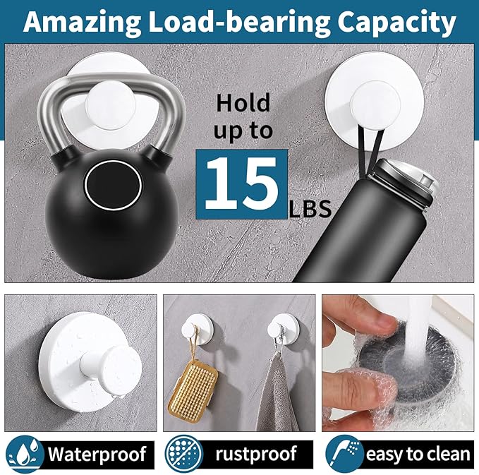 Suction Cup Hooks for Shower 2 Pack Stainless Steel No Drill Removable Waterproof Rustproof for Bathroom Kitchen Glass Mirror Tile to Hang Towels Robes Loofah Wreath (White)