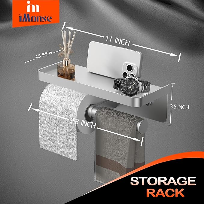 Double Toilet Paper Holder with Shelf, iMonse Paper Towel Holder Wall Mount,Tissue Roll Holder for Bathroom Kitchen RV, Double Tissue Roll Rack with Adhesive & Screw (Silver)